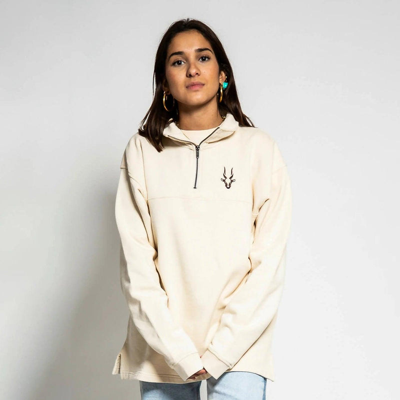 sudadera de bushbuck blanca con logo bordado y cremallera para mujer